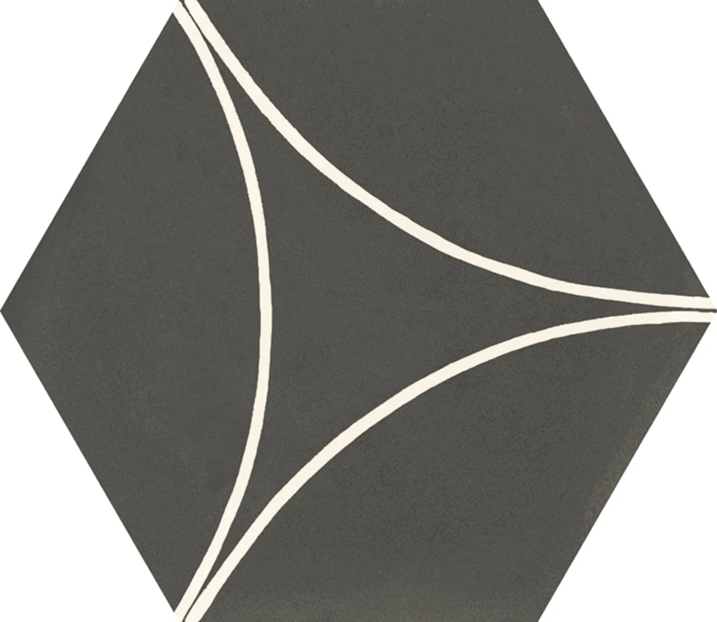 Anthrazitgraue Sechseckfliese 18,2x21 cm in Betonoptik mit drei weißen Bogenlinien, die ein gewölbtes Dreieck bilden.