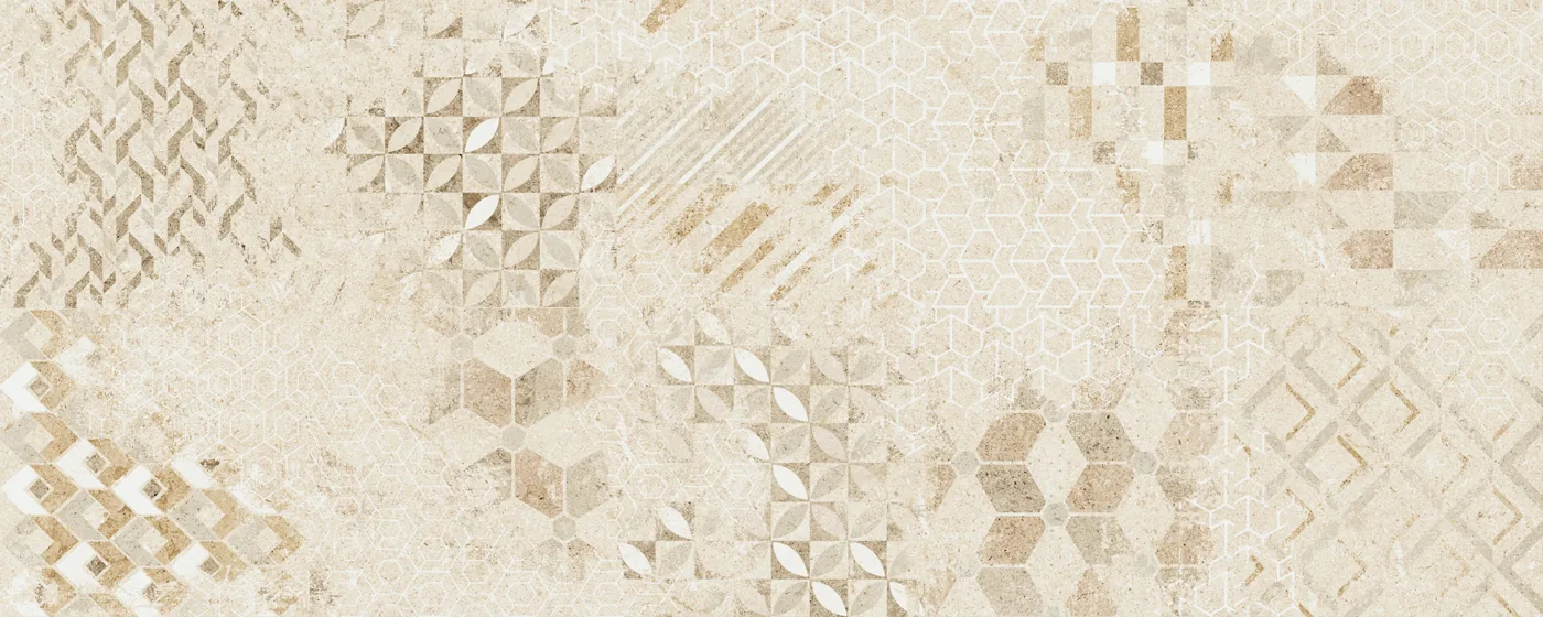 Beiges Patchwork-Dekor im Format 40×100 cm, matt, mit Rauten, Dreiecken und Waben auf Steingrund.
