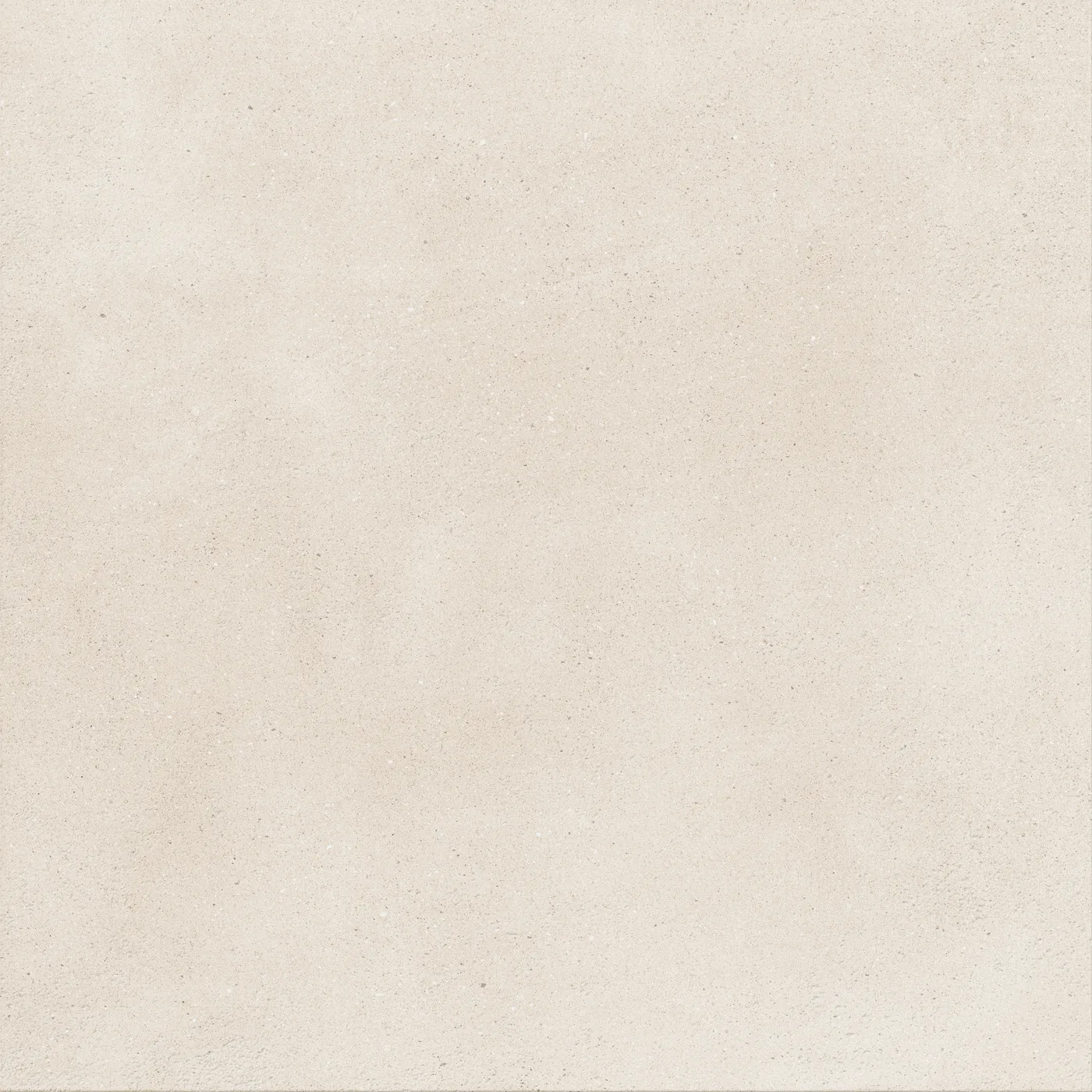 Sehr helle cremeweiße Betonoptik-Fliese 75x75 cm mit wolkiger, wie gespachtelt wirkender Schattierung auf der Fläche, matt.