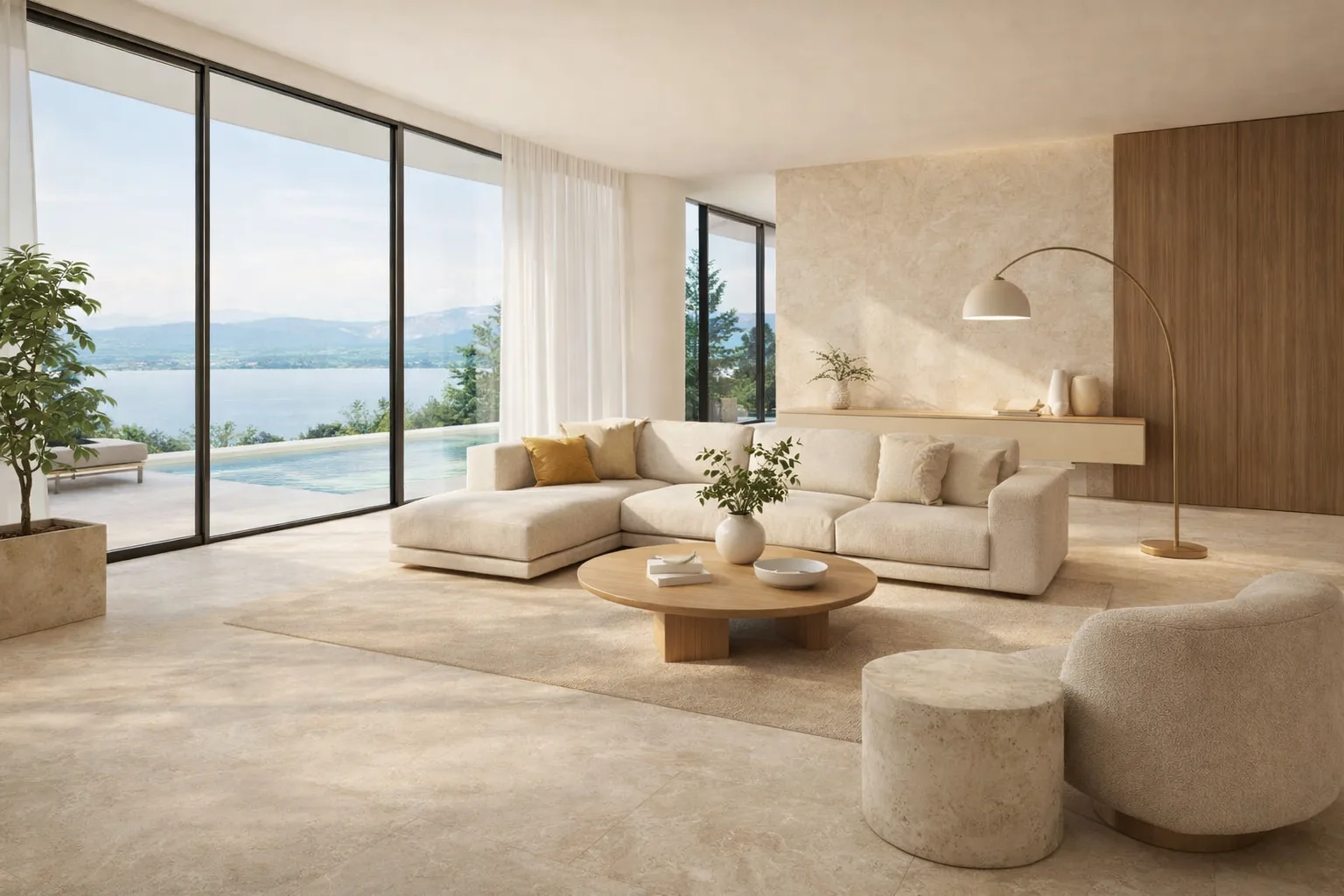 Offenes Wohnzimmer mit bodentiefen Fenstern und Seeblick — Boden und Wand in hellen Nyra Star Fliesen in Natursteinoptik – KI-generiertes Beispielbild