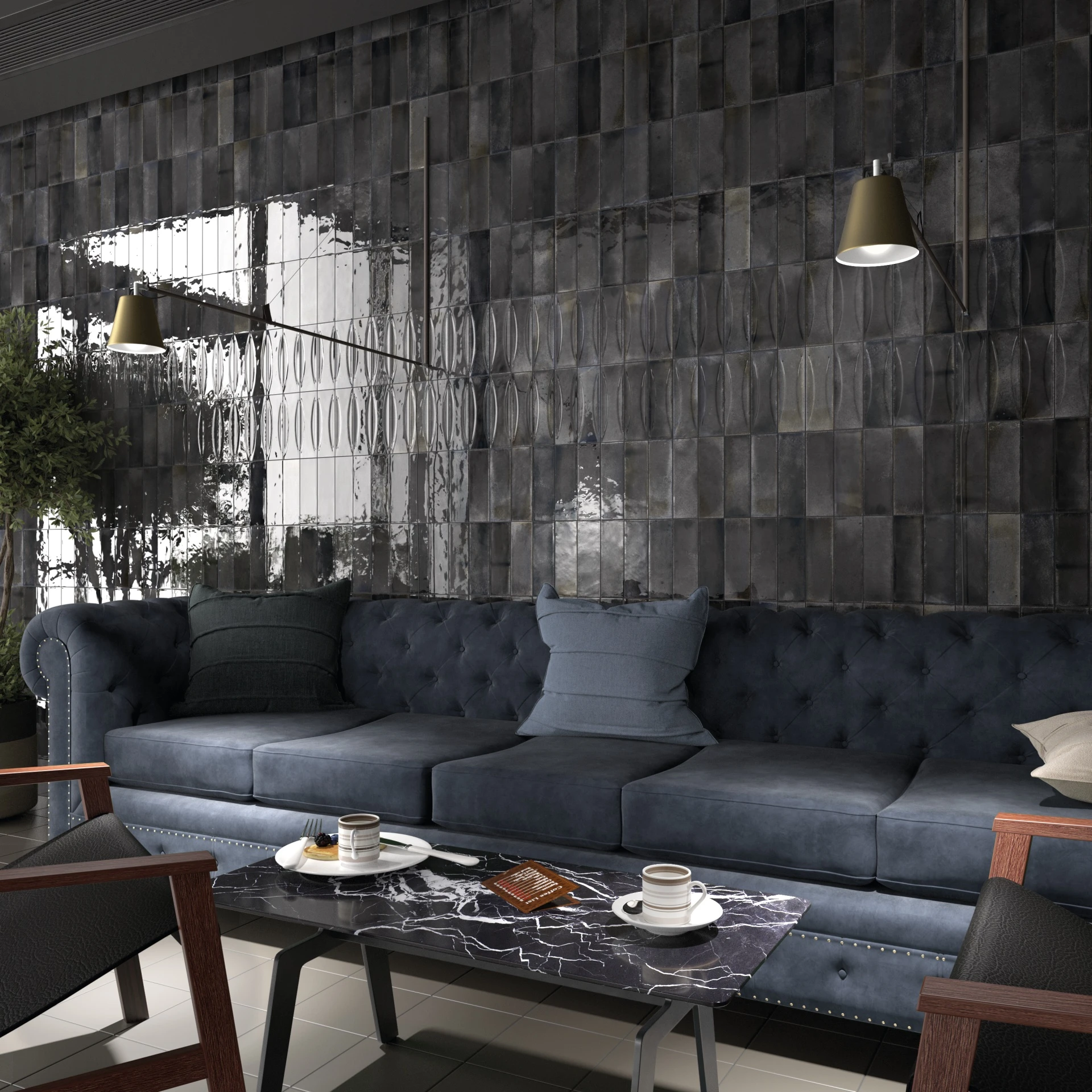 Raumszene mit verlegten Hanoi Wandfliesen in Black Ash Glasur, Showroom im Vintage Stil.