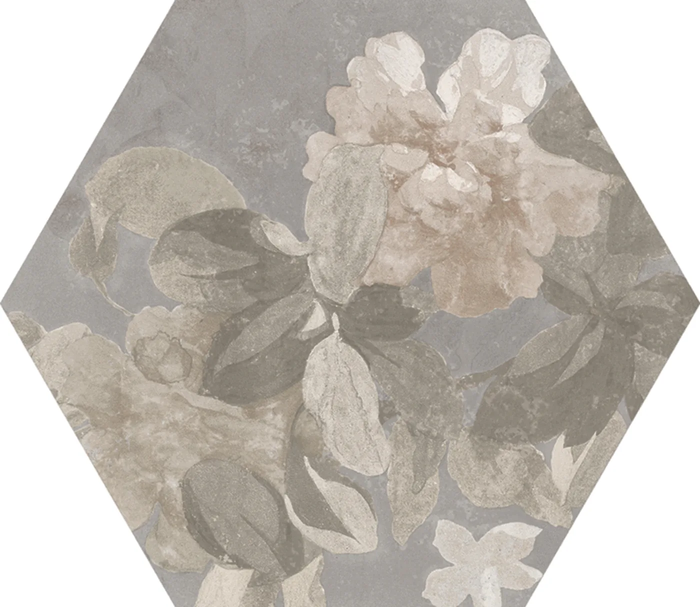 Sechseckfliese 18,2x21 cm mit aquarellartigem Blütendekor in Grau, Rosa und Beige auf mittelgrauem Betonoptik-Grund.