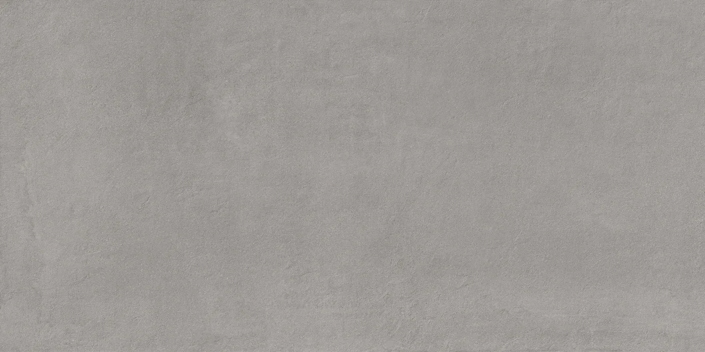 Terrassenplatte 60x120 cm in Betonoptik, 20 mm stark, Farbe Nickel: mittleres Grau mit weicher Wolkung und Spachtelspuren.
