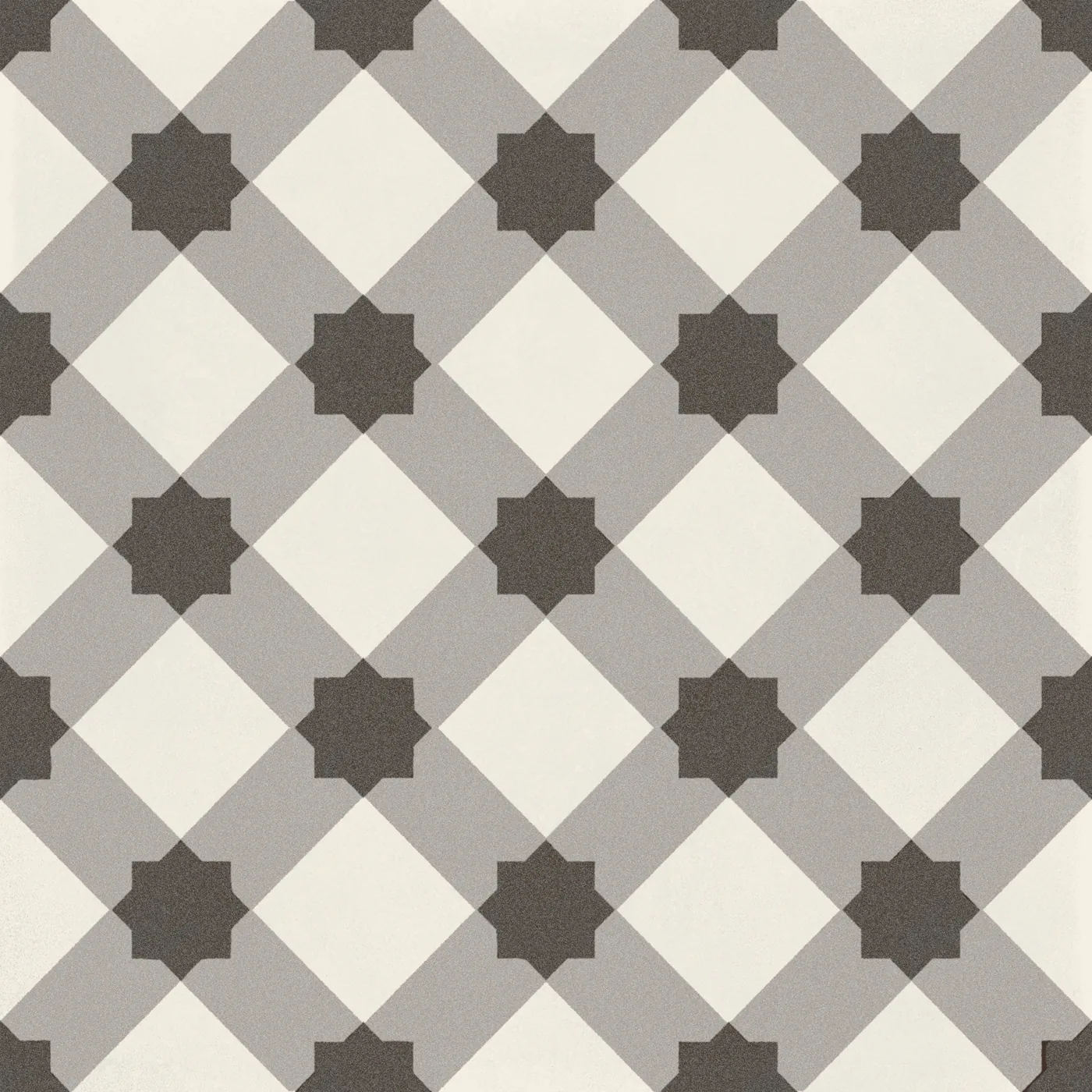 Quadrat-Fliese 20x20 cm, matt, mit grauem Diagonalgitter und anthrazitfarbenen Sternen auf Weiß.