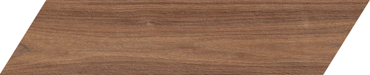 Dunkelbraune Holzoptik-Fliese 11x54 cm als schräg geschnittenes Chevron-Element mit feiner Maserung.