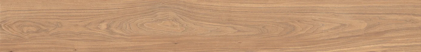 Honigbraune Holzoptik-Fliese 22,5x180 cm als breite Diele mit geschwungenem Maserungskern und Astansätzen.
