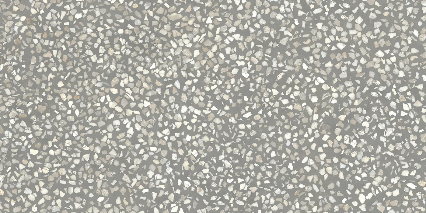 Kühl blaugraue Terrazzo-Fliese 30×60 cm, matt, mit weißen, dicht gestreuten Marmorsplittern über die Fläche.
