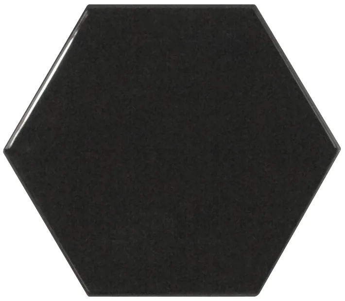 Sechseckige Wandfliese in Schwarz, glänzend glasiert, Format 12,4x10,7 cm, mit gleichmäßig deckender Oberfläche.