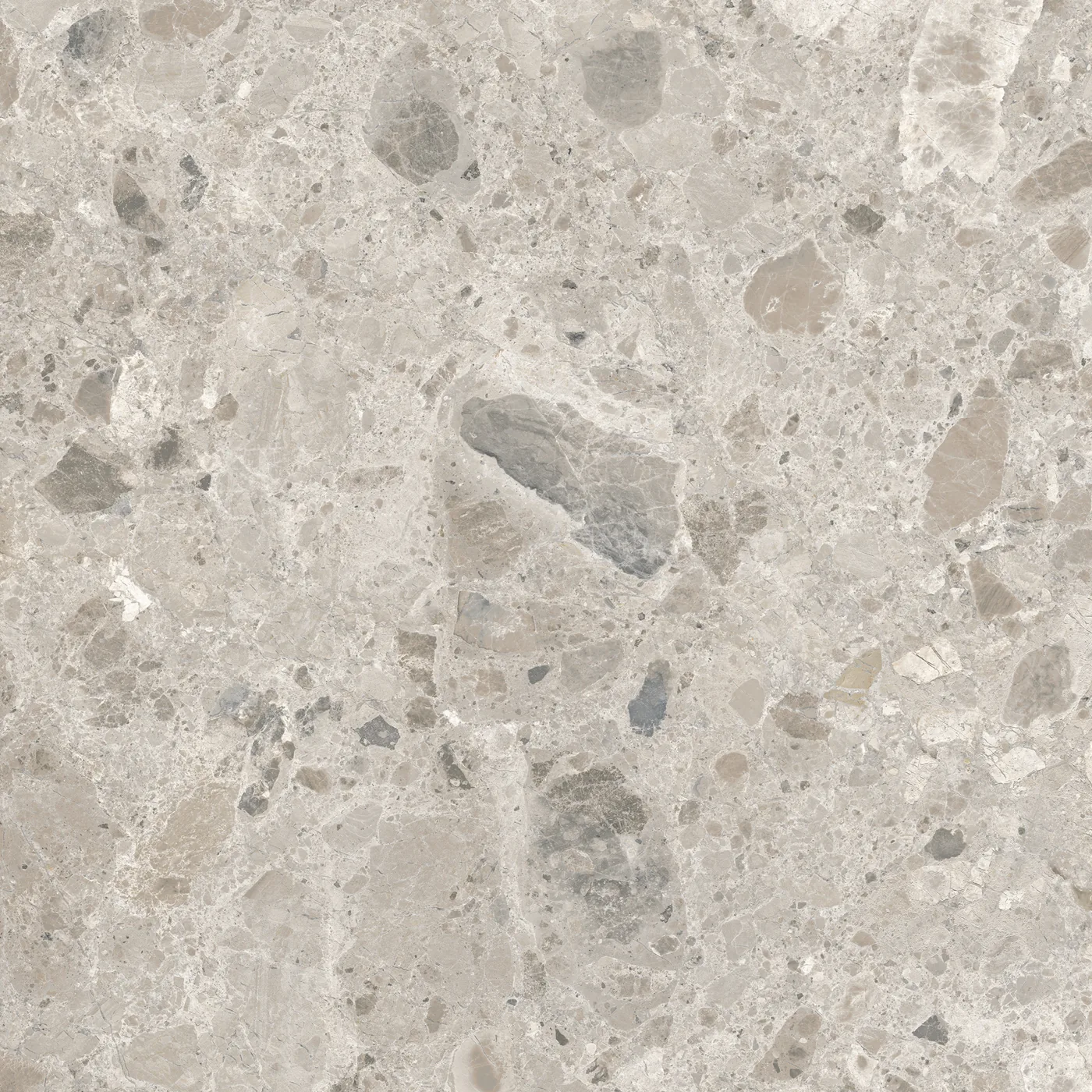 Graue Fliese 60×60 cm in Terrazzo-Optik mit hellen und dunkelgrauen Steinsplittern unterschiedlicher Größe.
