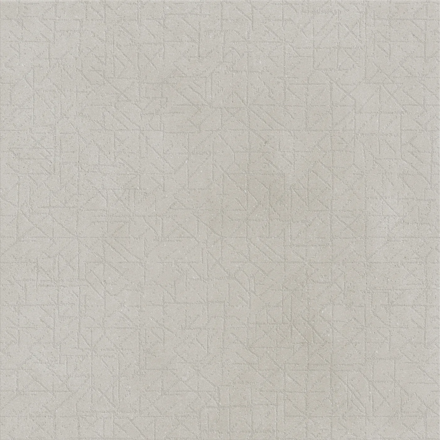 Greige, warmgraue Betonoptik-Fliese 75x75 cm mit feinem geometrischem Linienmuster aus Dreiecken auf der Fläche, matt.