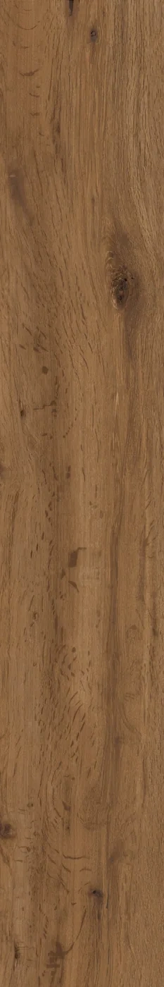 Kräftig braune Holzoptik-Fliese 20x120 cm mit rustikaler Eichenmaserung, dunklen Ästen und Rissspuren.