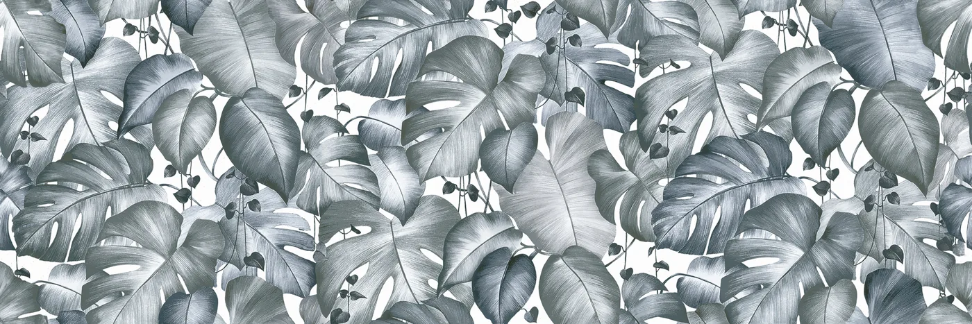 Matte Dekorfliese 30×90 cm mit dichten Monstera-Blättern in kühlem Blaugrau auf weißem Grund, frontal aufgenommen.