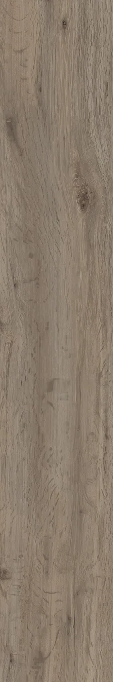 Graubraune Holzoptik-Fliese 20x120 cm in Taupe mit ausgeprägtem Ast und rustikalem Holzbild.