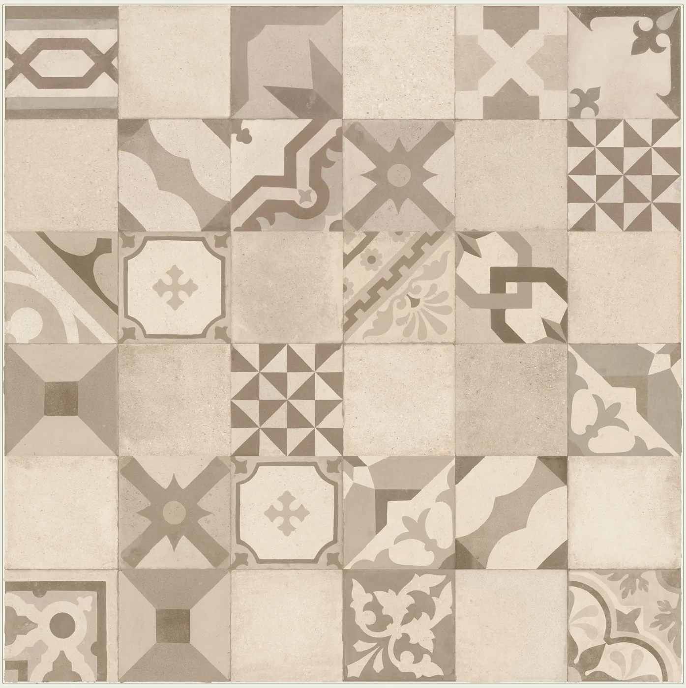 Dekor-Wandfliese 30x90 cm im Zementfliesen-Look, Patchwork aus Ornamenten und Unis in Beige, Sand und Taupe