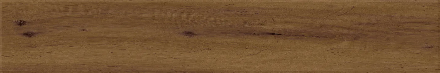 Kräftig braune Holzoptik-Fliese 15x90 cm als Einzeldiele mit dunklen Maserungslinien und schwarzen Astlöchern.
