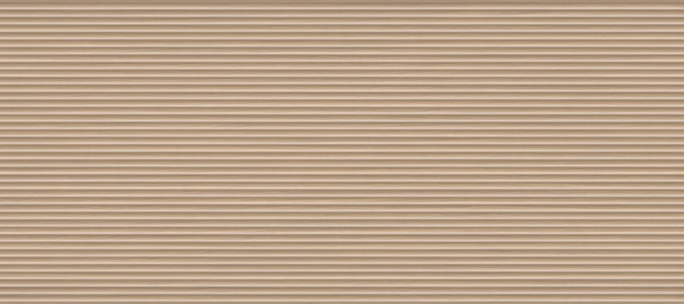 Wandfliese 60×135 cm mit dichten waagerechten Rillen in mittlerer Eichenholzoptik, matt