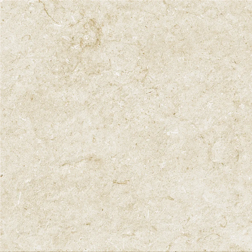 Cremebeige Kalksteinoptik im Format 60×60 cm, matt, mit feiner Körnung und hellen Einschlüssen.