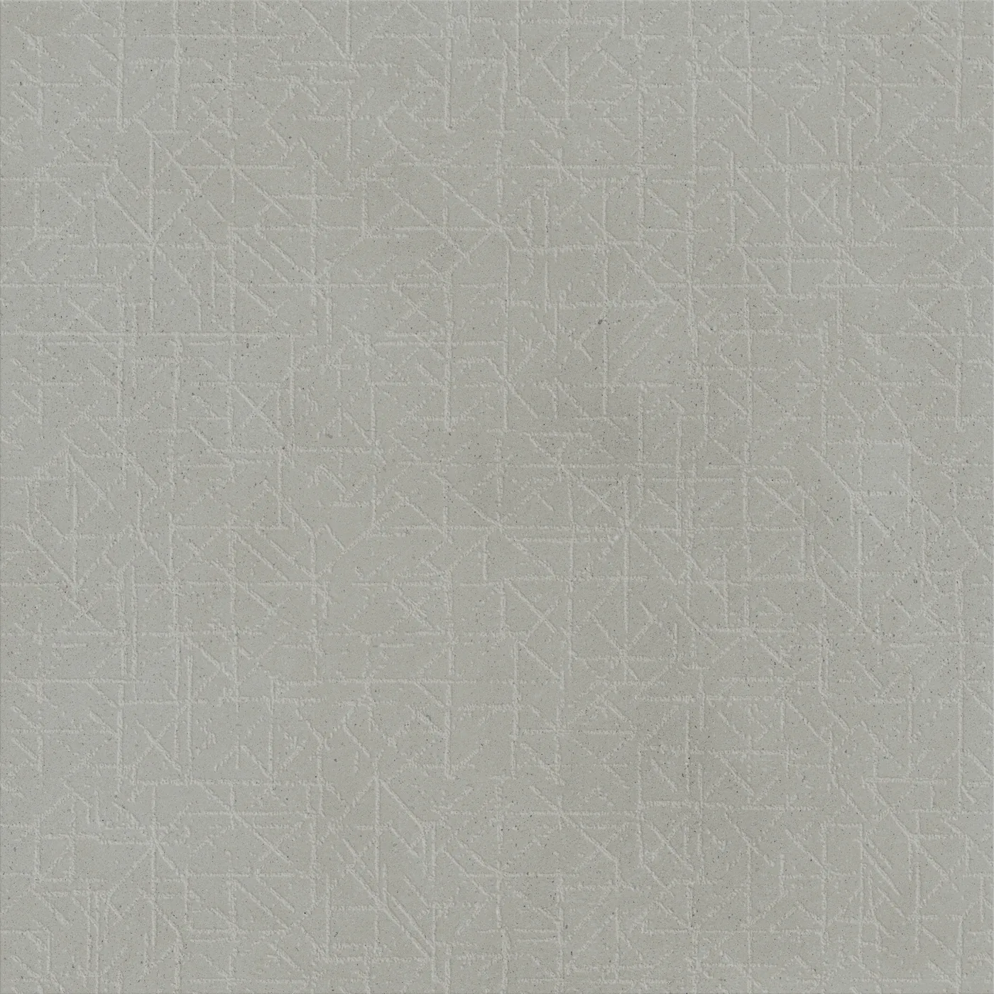 Graugrüne, salbeifarbene Betonoptik-Fliese 75x75 cm mit feinem geometrischem Linienmuster aus Dreiecken auf der Fläche, matt.