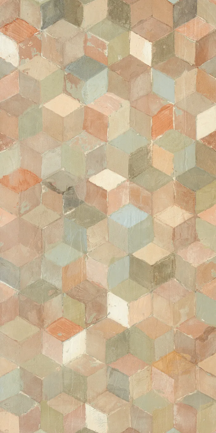 Wand- und Bodenfliese 60×120 cm mit dreidimensionalem Würfelmuster in Terrakotta, Creme und Grün, seidenmatte Oberfläche.
