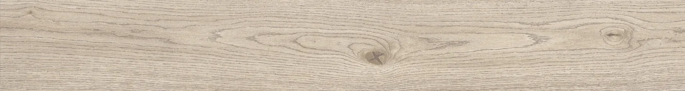 Hell sandgraue Holzoptik-Planke im Format 20x150 cm mit durchgehender Eichenmaserung und dunklem Astknoten in der Mitte.