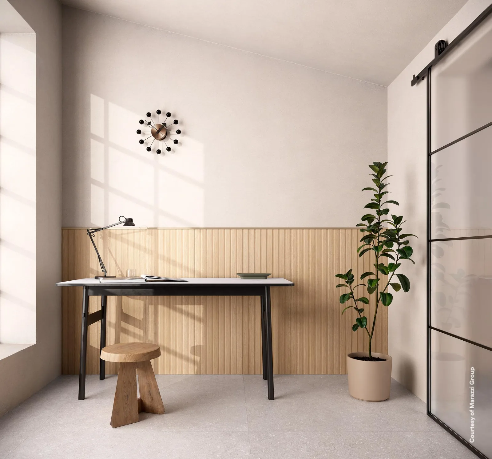 Arbeitszimmer mit halbhoher Wandverkleidung Marazzi Boiserie 3D Mod03 Rovere Chiaro in heller Paneel-Holzoptik