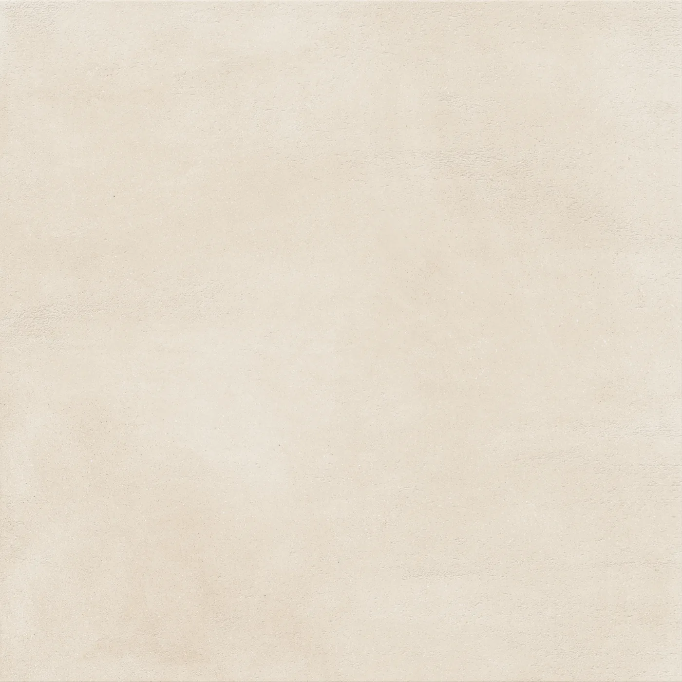 Sehr helle cremeweiße Betonoptik-Fliese 120x120 cm mit wolkiger, wie gespachtelt wirkender Schattierung auf der Fläche, matt.