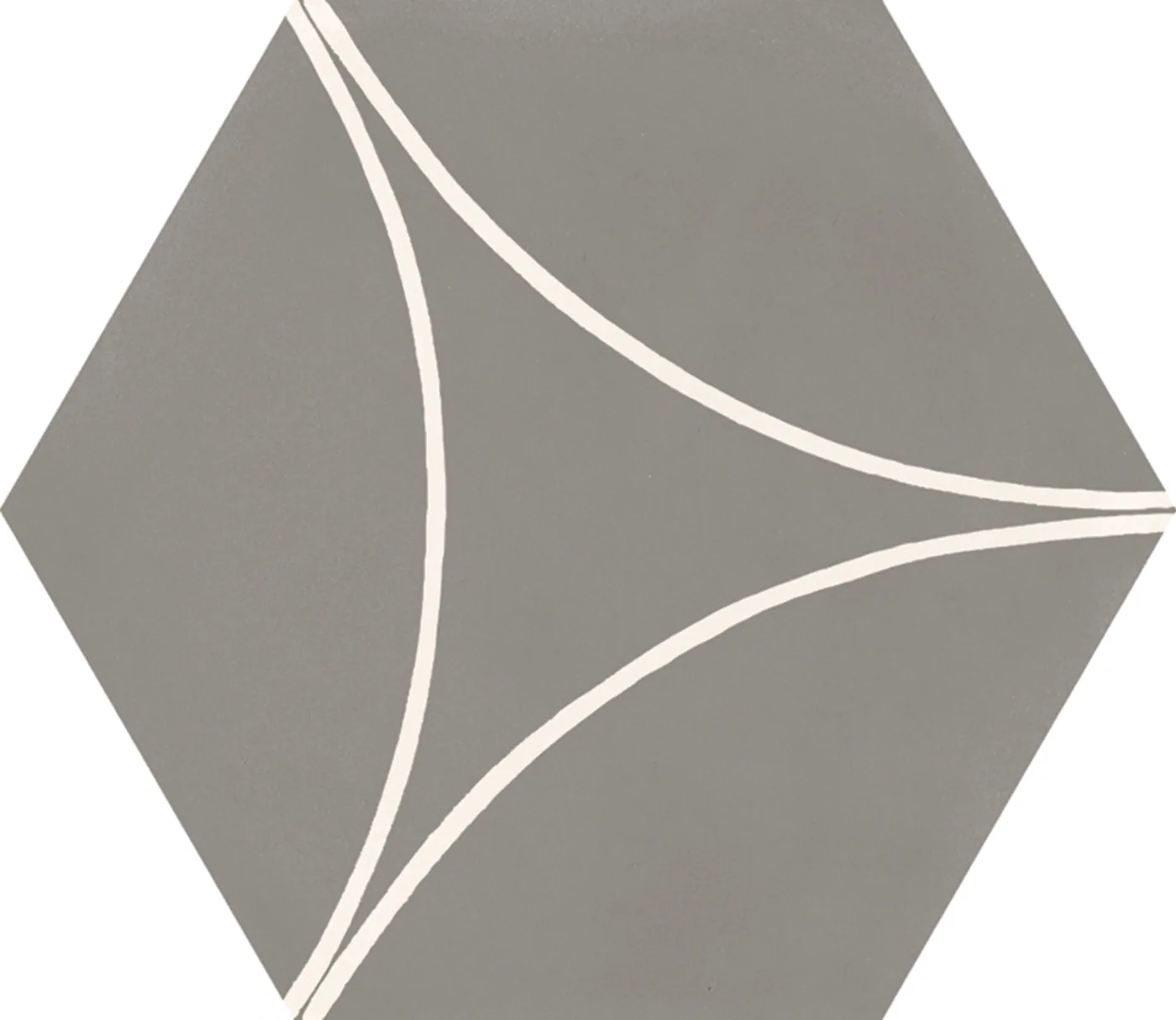 Dunkelgraue Sechseckfliese 18,2x21 cm in Betonoptik mit drei weißen Bogenlinien, die ein gewölbtes Dreieck bilden.