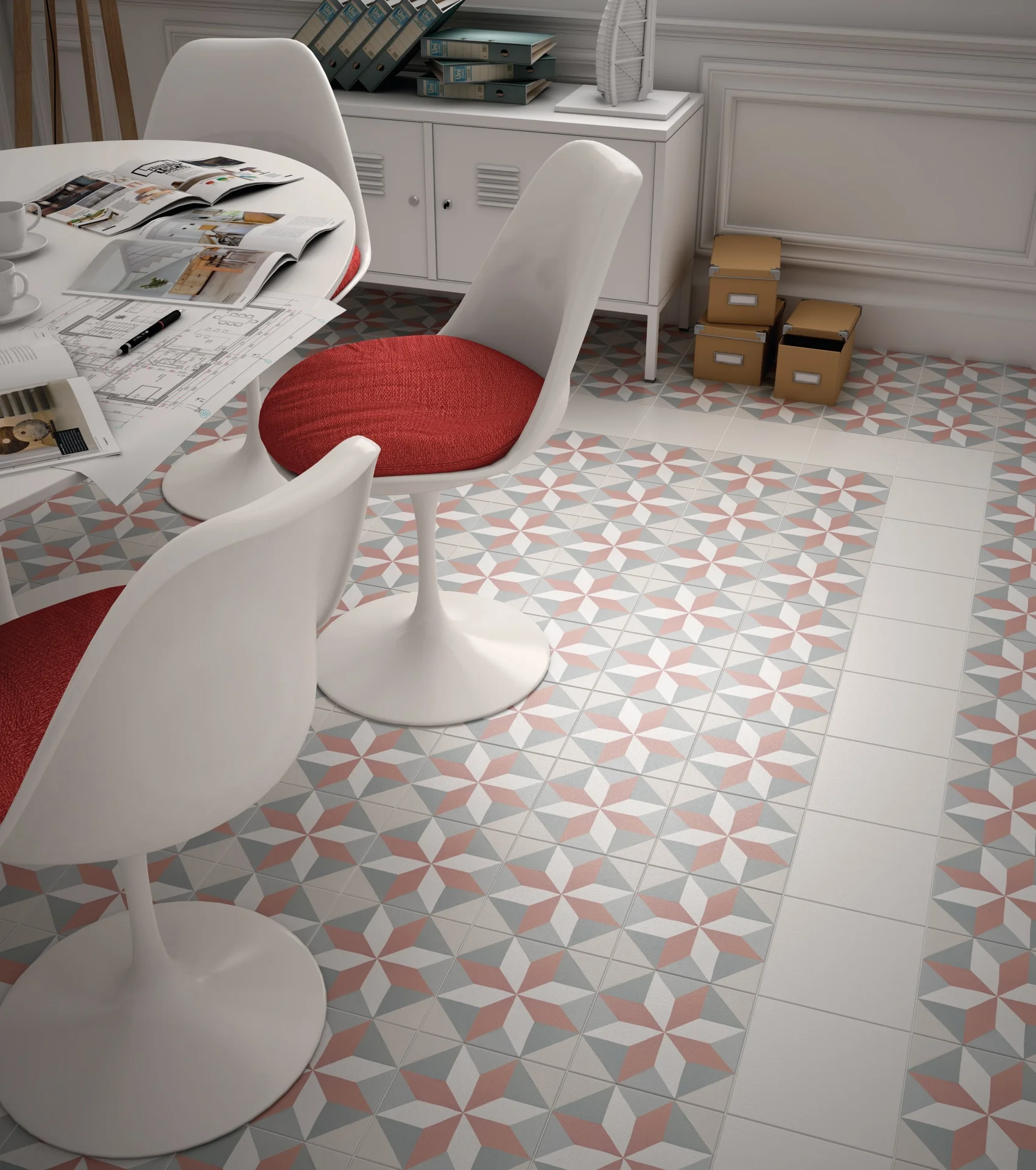 Bodenfliese Caprice Deco Magic Pastel von Equipe, matt, 20x20cm, mit geometrischem Muster in Rosa, Weiß und Grau, verlegt in einem modernen Büro mit weißen Möbeln, roten Stühlen und Regalen