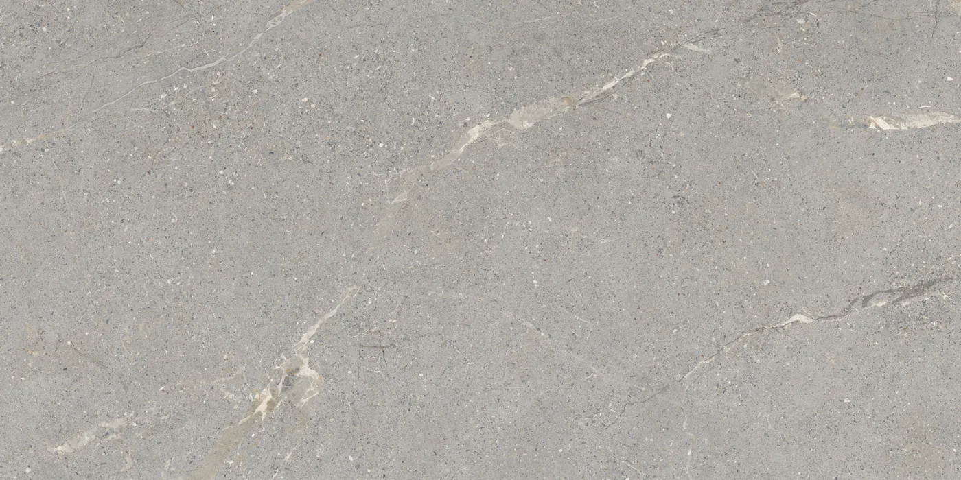 Hellgraue Fliese in Steinoptik 60×120 cm mit griffiger Oberfläche, mit vereinzelten weißen Adern über die ganze Fläche.