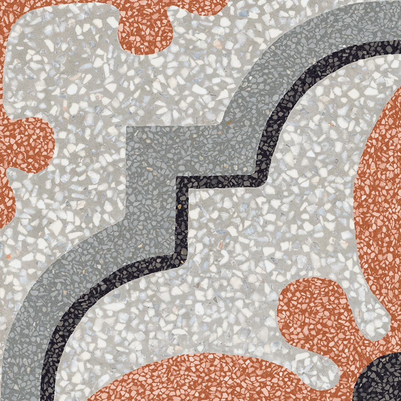 Terrazzo-Dekorfliese 20x20 cm, orangerote Bögen und Blattformen mit grauer und schwarzer Stufenlinie auf hellem Grund.