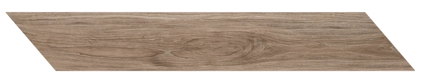 Graubraune Holzoptik-Fliese 11,8×73,2 cm mit schrägen Enden für Fischgrät-Verlegung, matt und fein gemasert.
