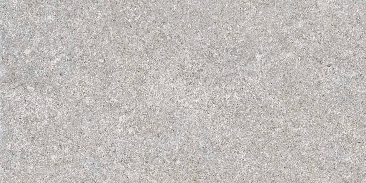 Mittelgraue Steinoptik-Fliese 30x60 cm in mattem Finish, feine Körnung mit hellen Einsprengseln über die gesamte Fläche.