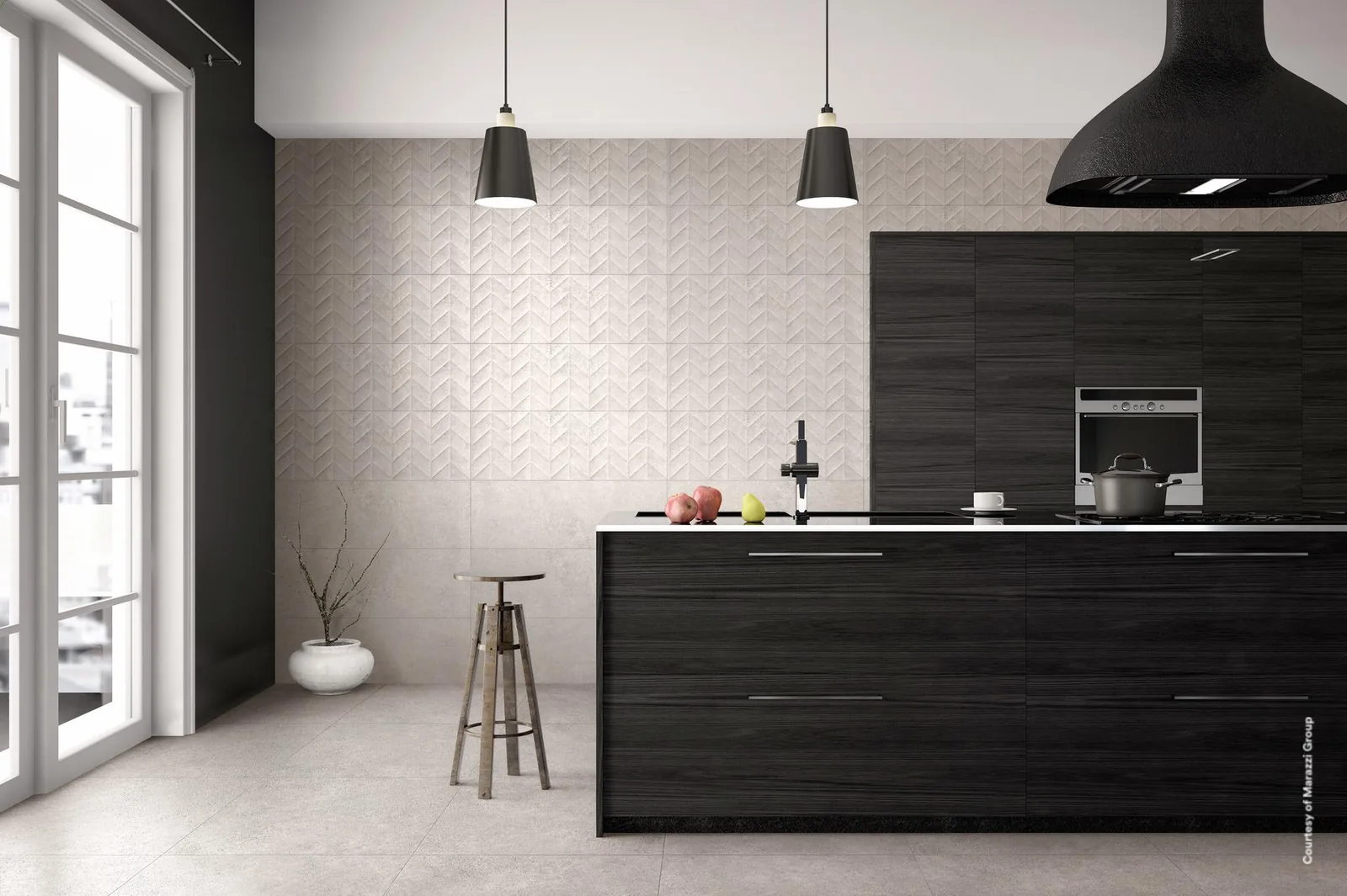 Offene Küche mit Marazzi Work Grey 30x90 und Struttura 3D Spike an der Wand, Boden Work Grey 60x60