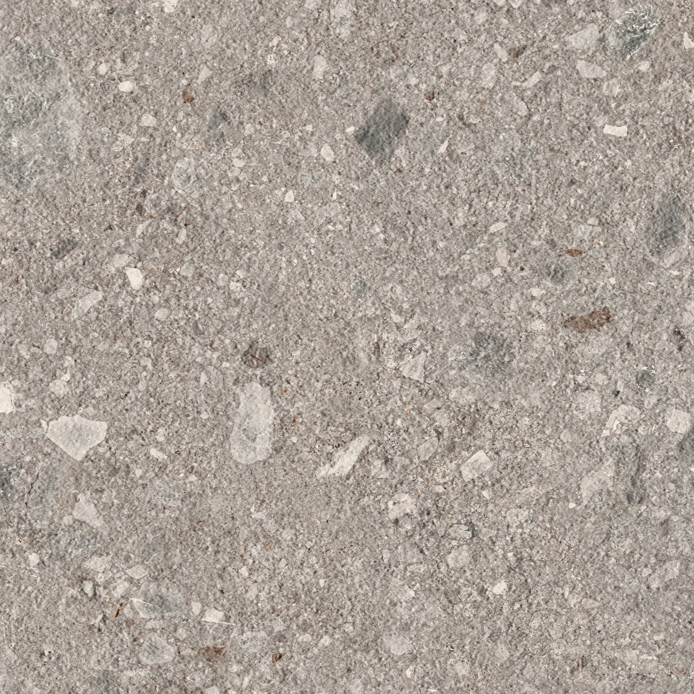 Hellgraue Terrassenplatte in Konglomerat-Steinoptik, 80x80 cm, strukturierte Oberfläche, mit eingestreuten Gesteinsbrocken.