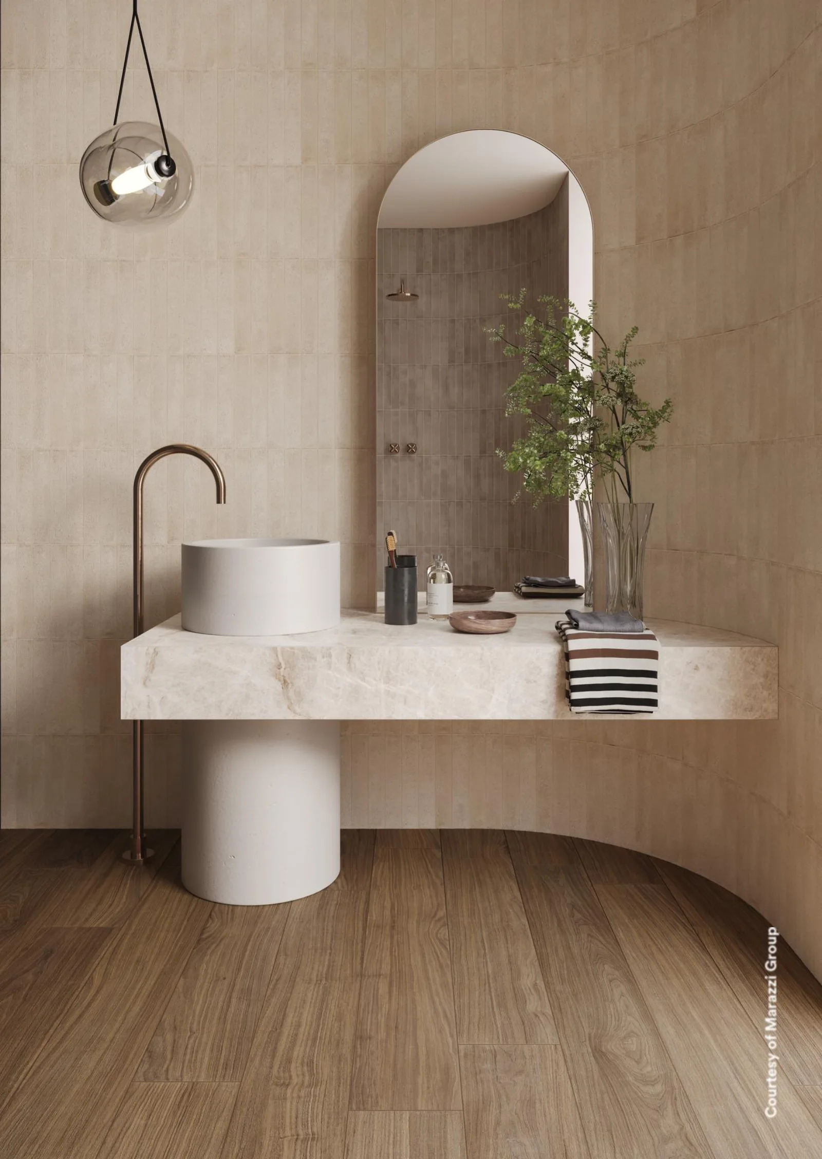 Waschtisch mit Rundbogennische und Pflanze, Boden in Holzoptik Noce Classico 20x120 cm