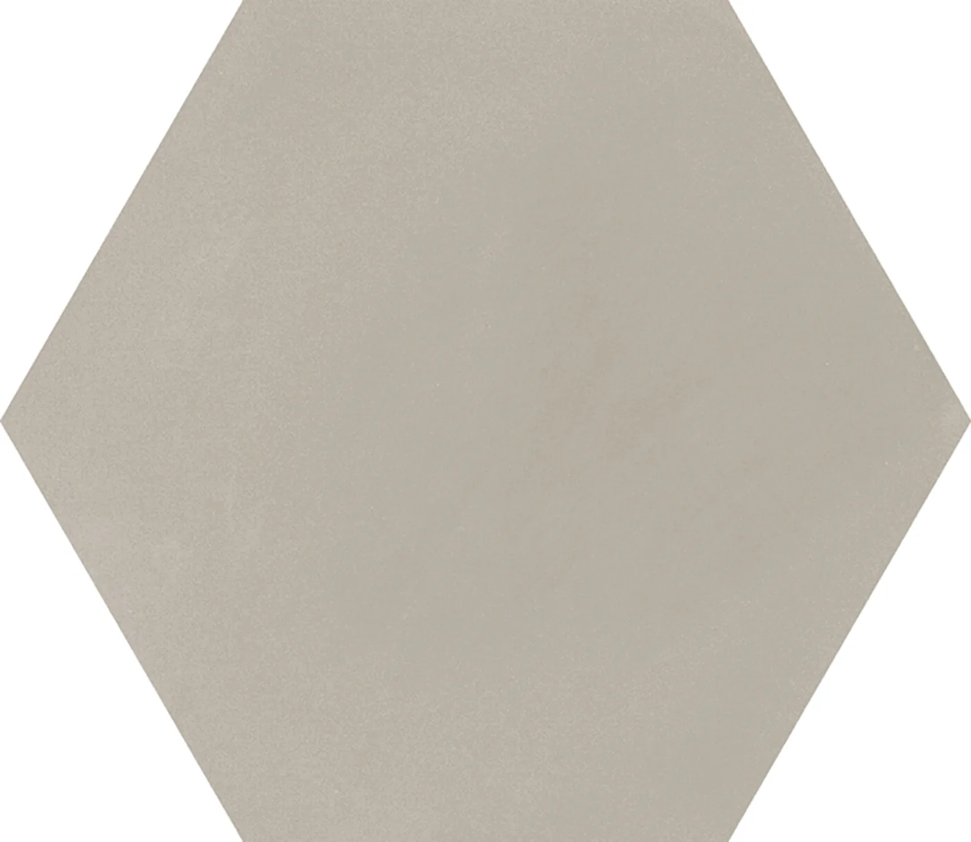 Mittelgraue Sechseckfliese 18,2x21 cm in Betonoptik, einfarbig mit feiner wolkiger Schattierung, matte Oberfläche.