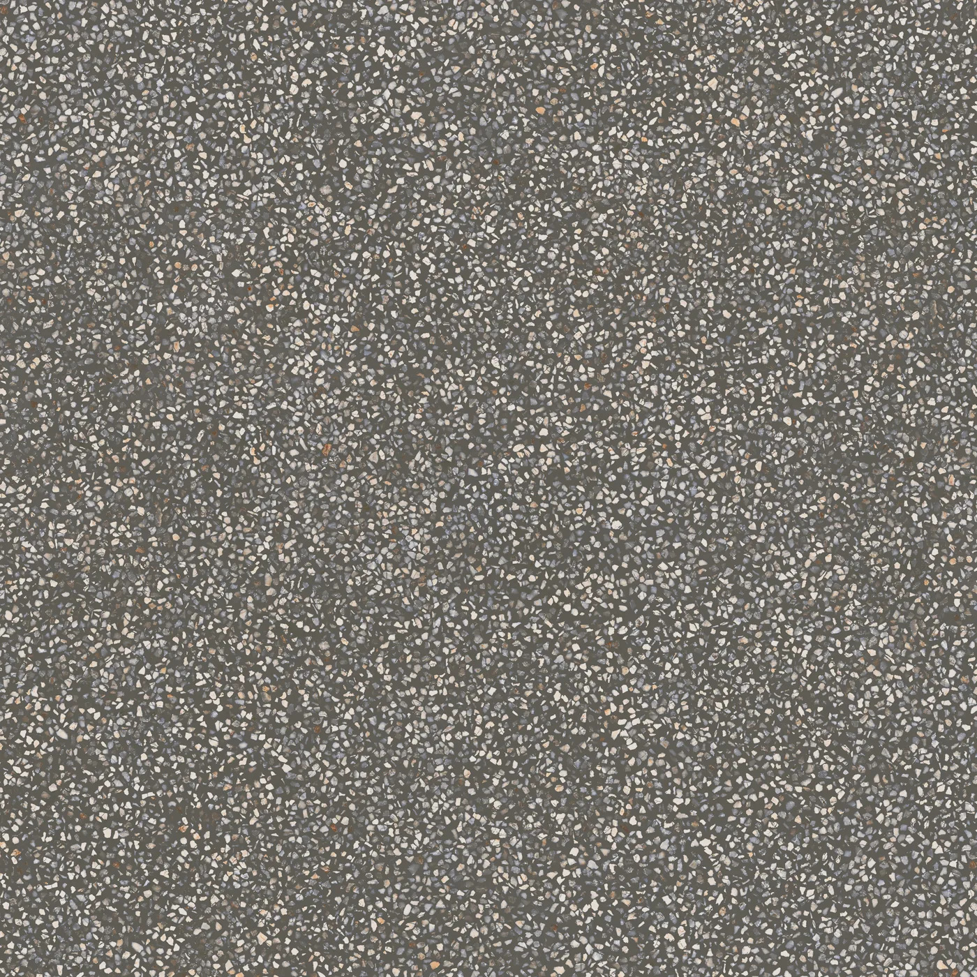 Dunkel anthrazitfarbene Terrazzo-Fliese 120×120 cm, matt, mit hellen und ockerfarbenen Marmorsplittern über die Fläche.