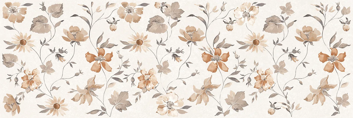 Dekorfliese Marazzi Room Wall Decoro Romantic 20x60 cm, Blumenmuster in Braun und Orange auf Weiß