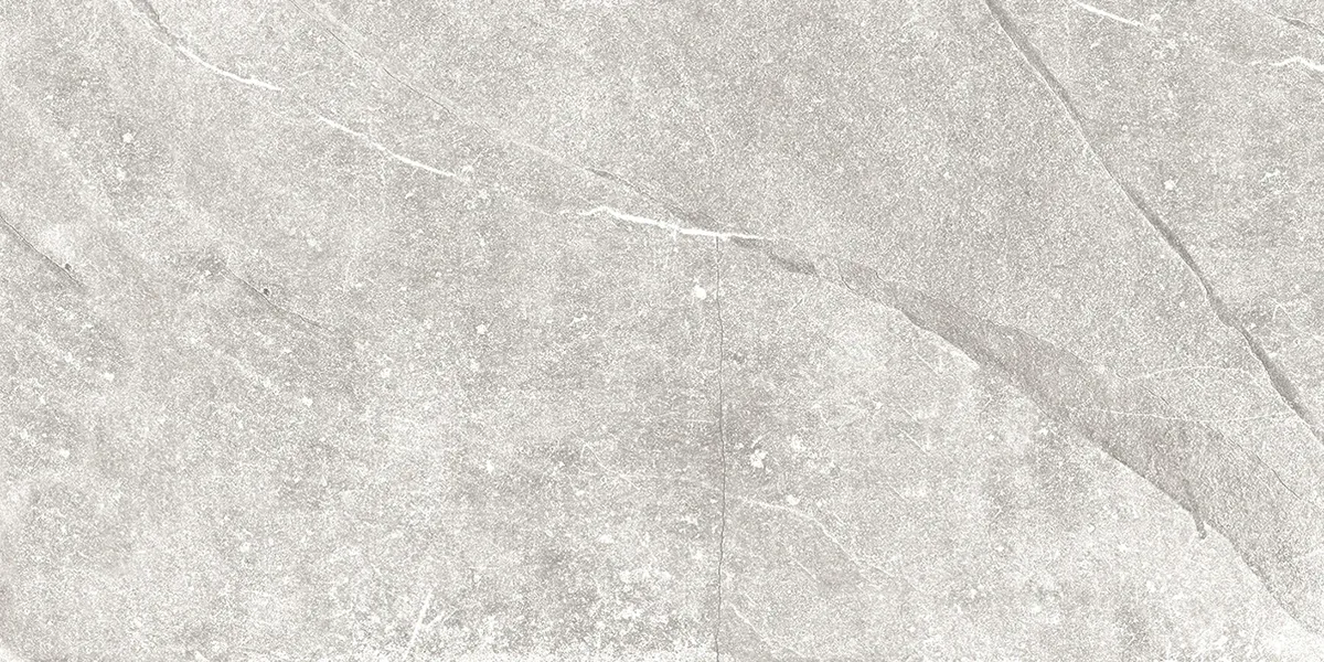 African Slate Moon: Feinsteinzeugfliese 30×60 cm in hellem Kühlgrau mit fast weißen Adern, matte Schieferoberfläche