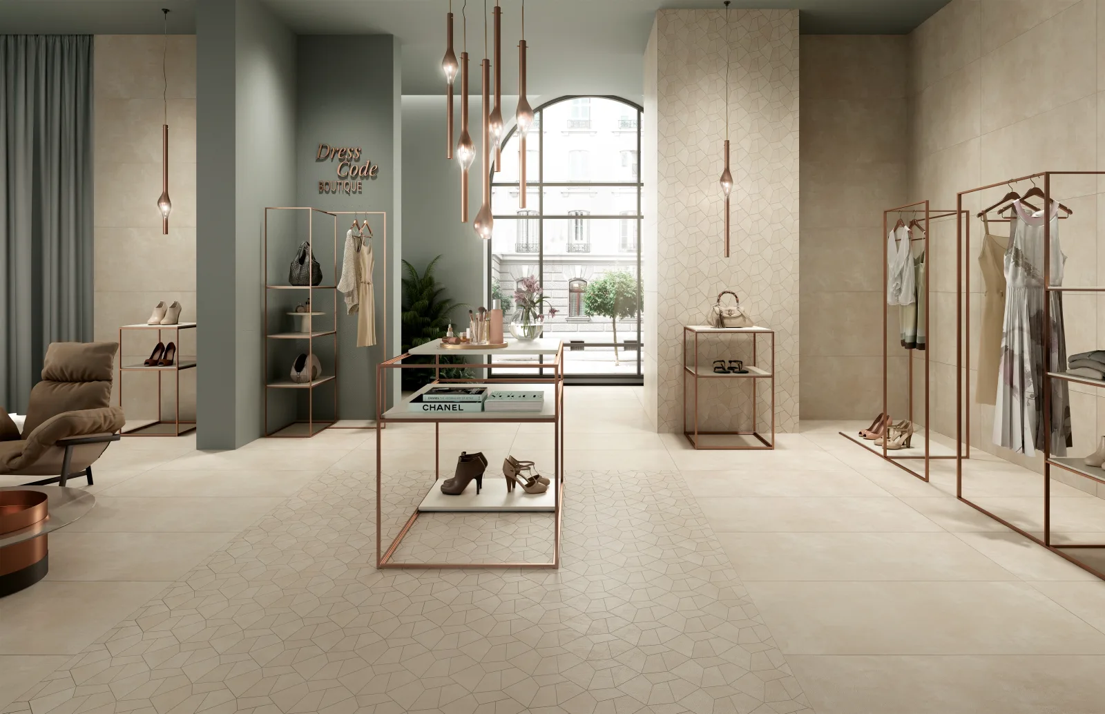 Boutique-Verkaufsraum mit beigem Steinoptik-Boden, Naxos Pictura Tivoli 60x120 cm.