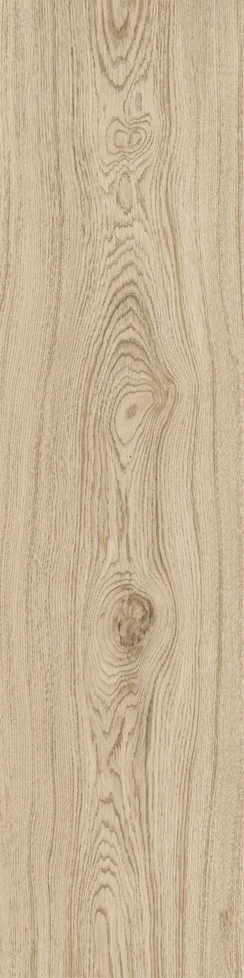Helle sandbeige Holzoptik-Fliese mit Astlöchern und feiner Maserung, 30x120 cm, Draufsicht