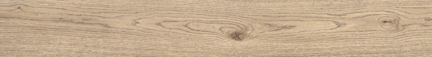 Hellbeige Holzoptik-Planke im Format 20x150 cm mit durchgehender Eichenmaserung und dunklem Astknoten in der Mitte.