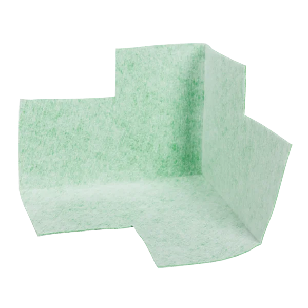 Vliesbeschichtete grüne Codex-Dichtecke für Innenecken — flexibles 12×12-cm-Element, Vliesseiten zur Verklebung sichtbar.