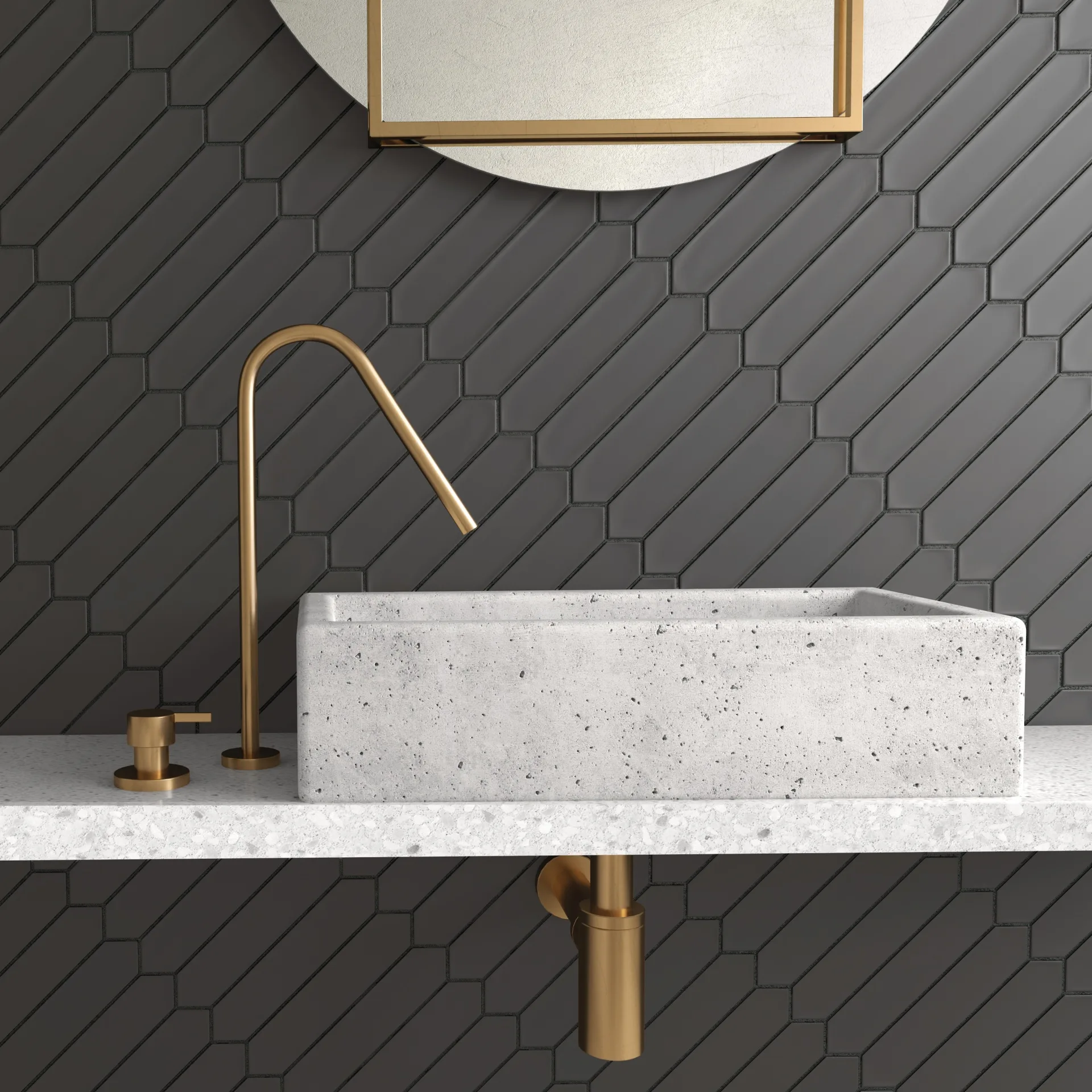 Badwand aus schwarzen Picket-Fliesen hinter Terrazzo-Waschbecken mit goldener Armatur und rundem Spiegel.