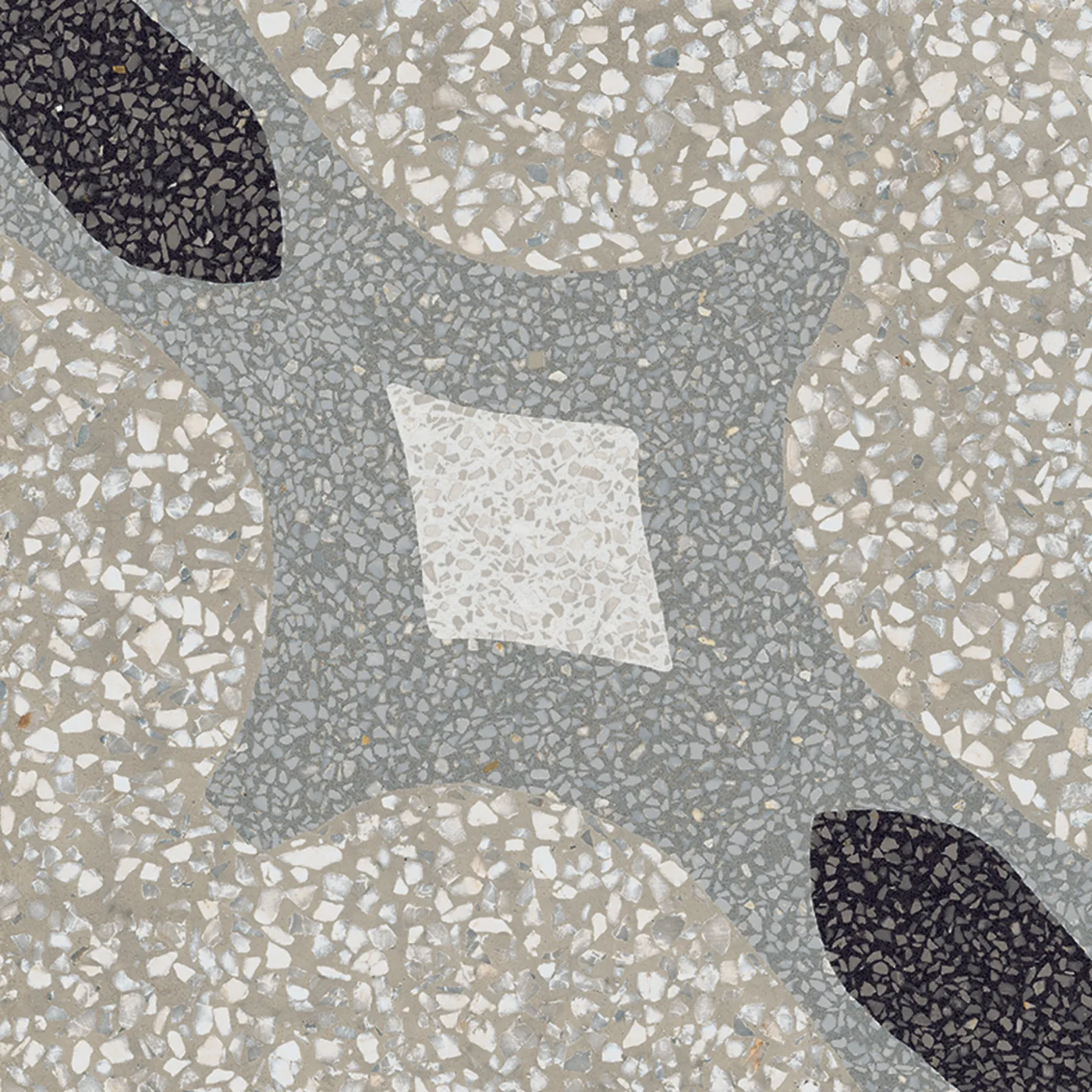 Terrazzo-Dekorfliese 20x20 cm, graues Bogenornament mit schwarzen Spitzen und hellem Rautenzentrum auf beigegrauem Grund.