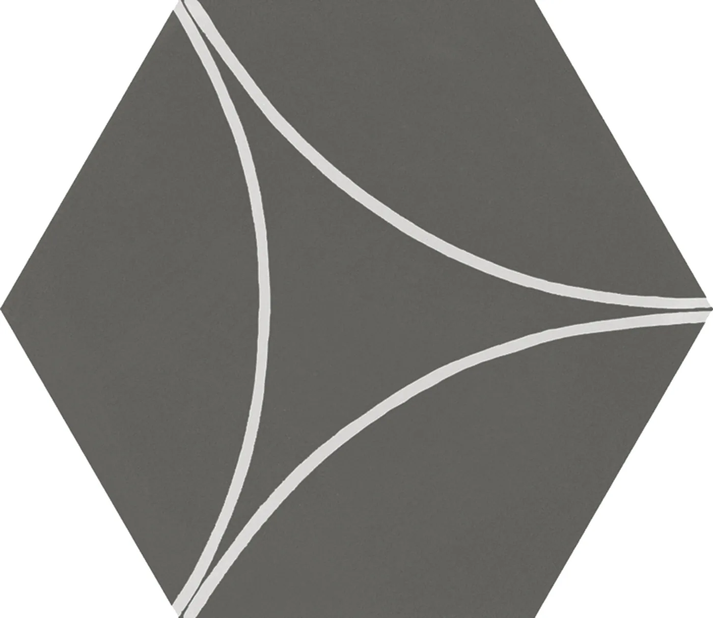 Graugrüne Sechseckfliese 18,2x21 cm in Betonoptik mit drei weißen Bogenlinien, die ein gewölbtes Dreieck bilden.