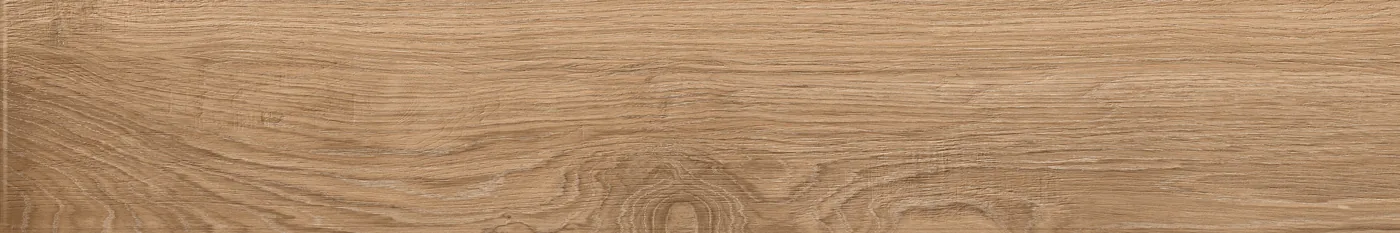 Holzoptik-Diele 20x120 cm in warmem Mittelbraun mit ausgeprägter Flammenmaserung und Astauge in der Mitte.