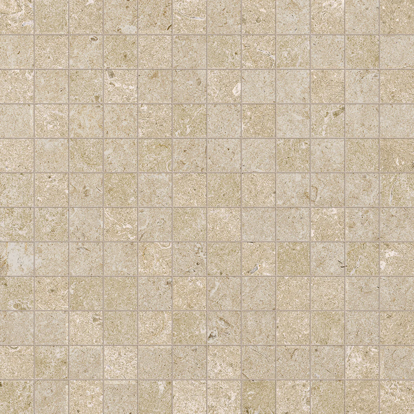 Mosaikfliese 30×30 cm aus kleinen quadratischen Steinchen in greigefarbener Kalksteinoptik mit schmalen Fugen.