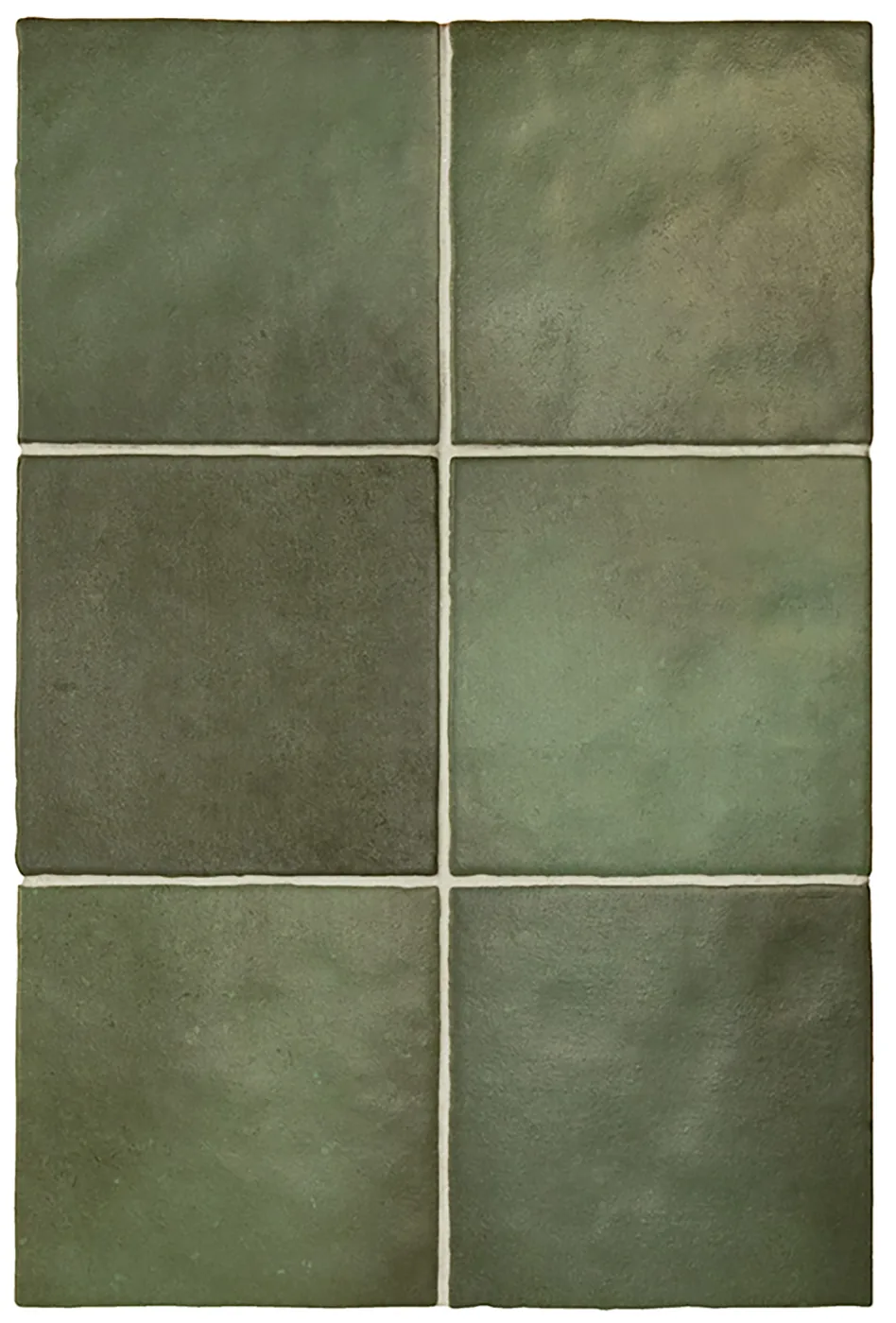 Olivgrüne matte Steingut-Wandfliese, 13,2×13,2 cm, quadratisch im Raster verlegt, mit changierendem Farbspiel.