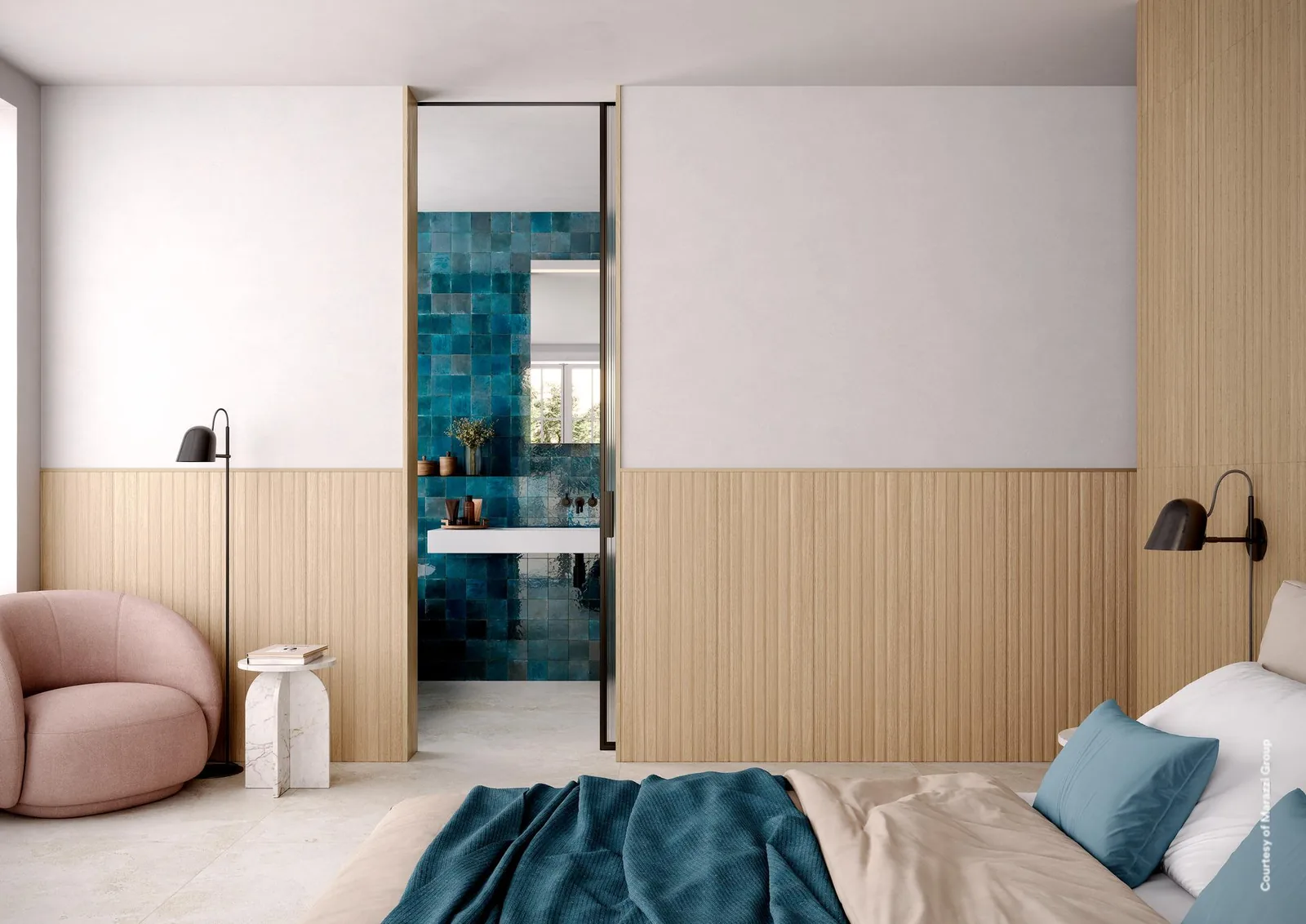 Schlafzimmer mit halbhoher Wandverkleidung Marazzi Boiserie 3D Mod03 Rovere in Paneel-Holzoptik